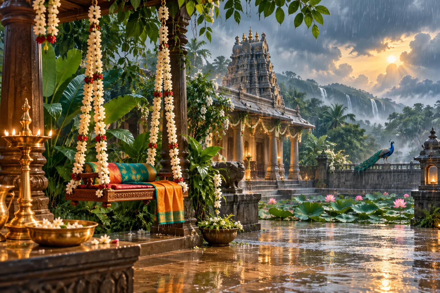 A rain-washed temple courtyard with a flower-decorated swing and peacock