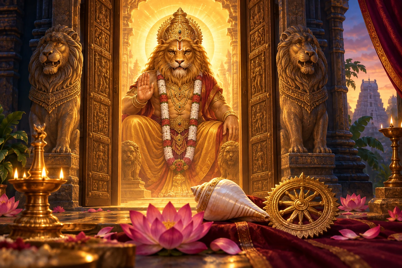 A luminous Narasimha shrine with lotus flowers, conch, chakra, and temple lamps