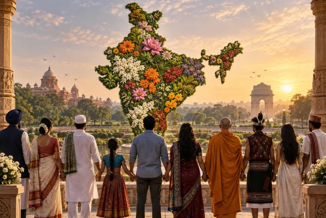 A floral map of India symbolizing cooperation and national unity