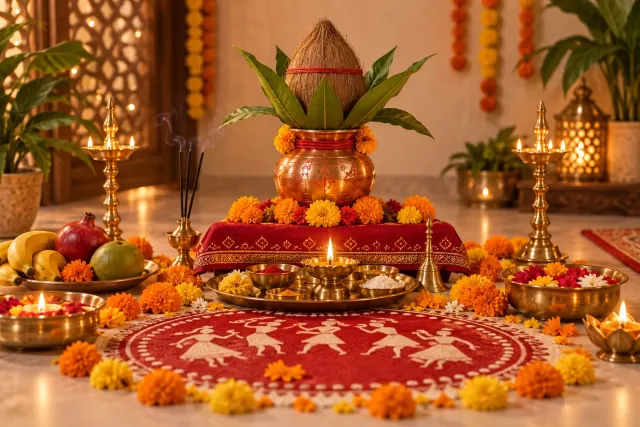 Beginner-friendly Navratri puja setup with kalash, coconut, mango leaves, diyas and marigolds