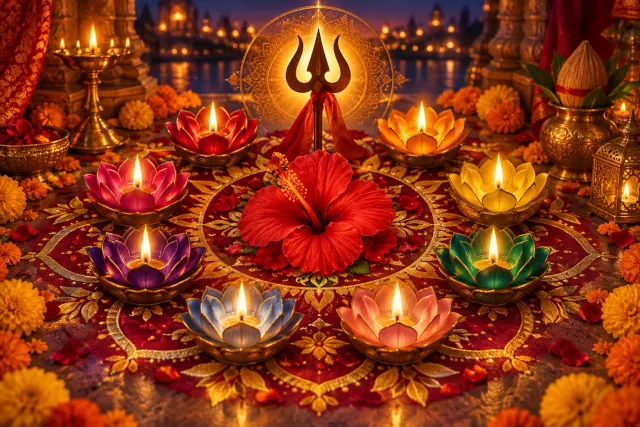 Nine glowing lotus lamps around a hibiscus and trident symbol for the nine forms of Durga