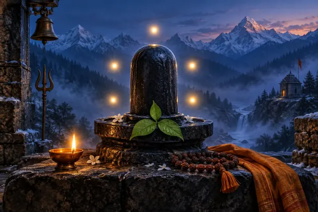 Shiva lingam, bilva leaves, rudraksha mala and five symbolic lights in a Himalayan shrine