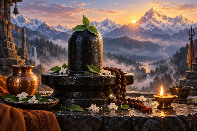 A Shiva lingam with bilva leaves, rudraksha beads, and a lamp at Himalayan dawn