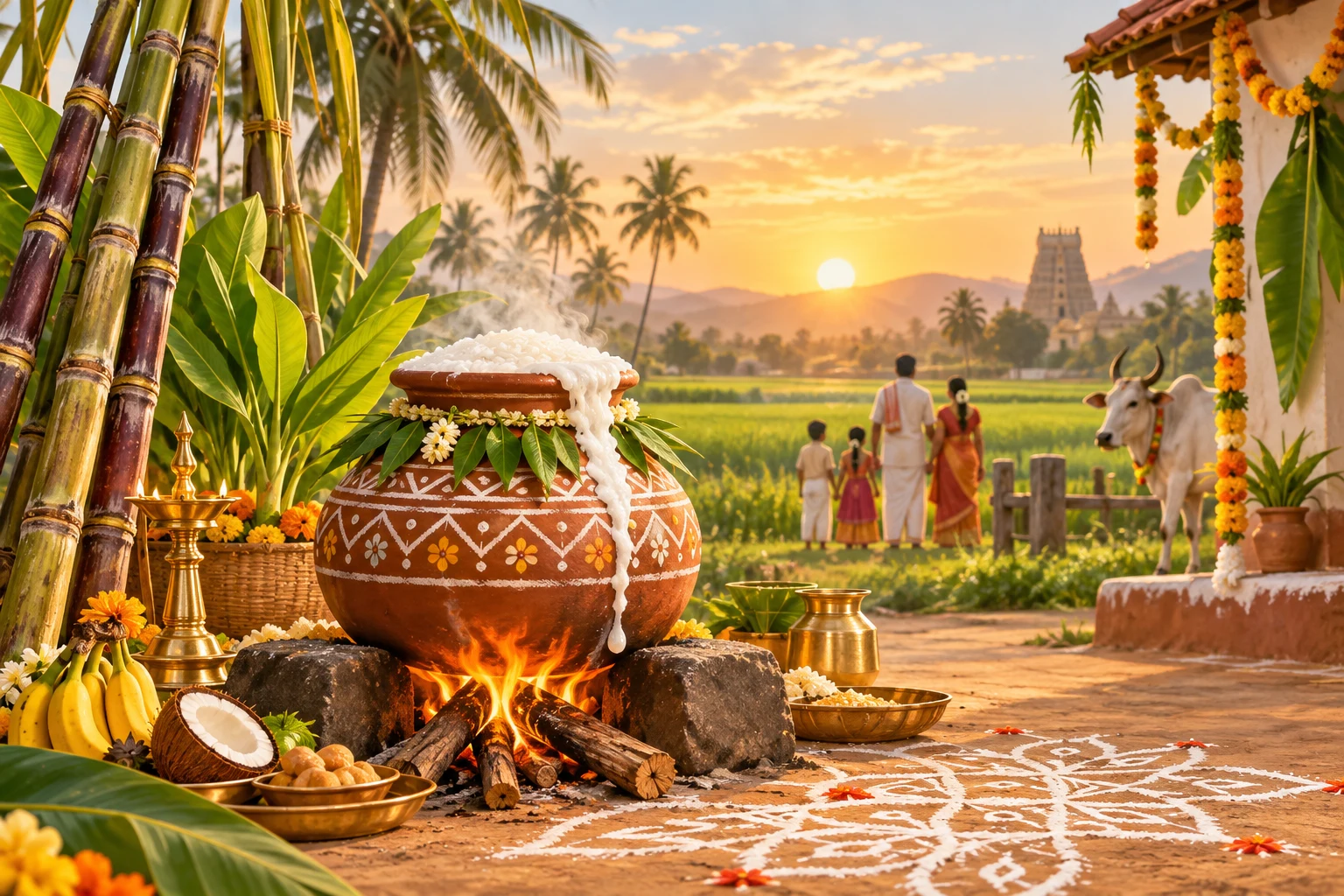 A decorated Pongal pot overflowing beside sugarcane and a kolam at sunrise
