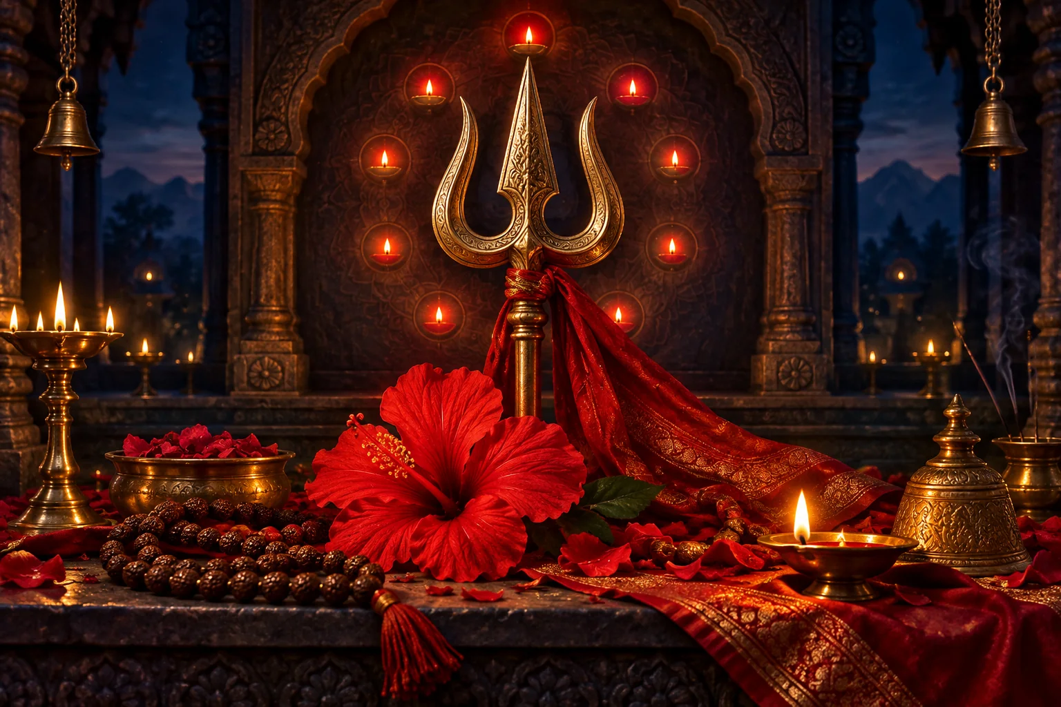 Bronze trident with red hibiscus, rudraksha mala and glowing lamps in a temple alcove