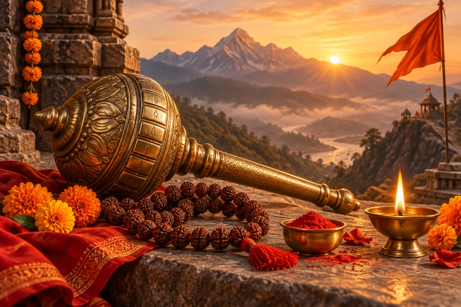 Bronze Hanuman gada, rudraksha mala, vermilion and diya against a mountain sunrise