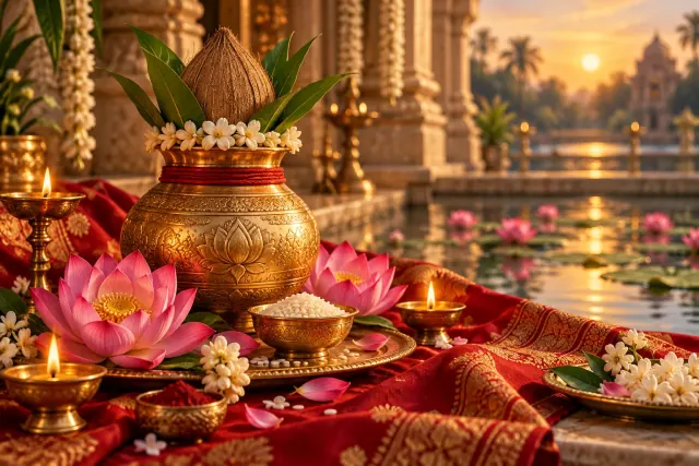 Brass kalash with lotus flowers, rice, red cloth and diyas for Lakshmi worship