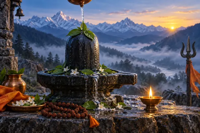 Shiva lingam with bilva leaves, rudraksha mala and diya against the Himalayan dawn