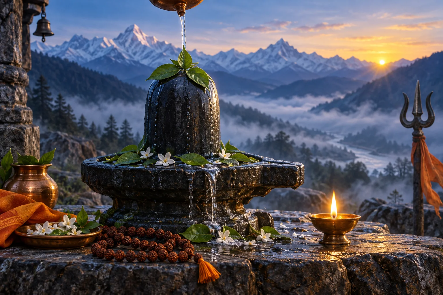 Shiva lingam with bilva leaves, rudraksha mala and diya against the Himalayan dawn