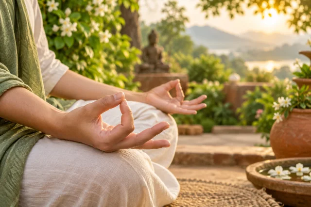 Hands demonstrating Prithvi Mudra with thumb and ring fingertip touching