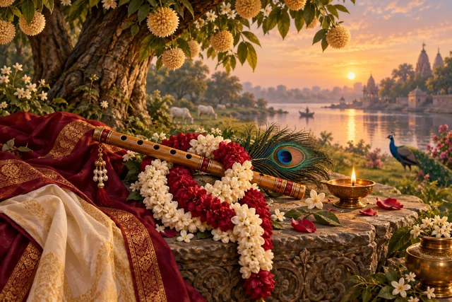 Krishna's flute with intertwined flower garlands beside the Yamuna at sunrise