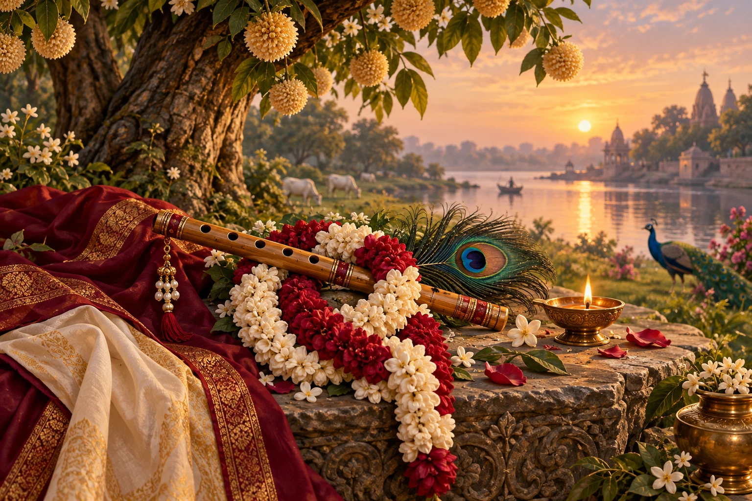 Krishna's flute with intertwined flower garlands beside the Yamuna at sunrise