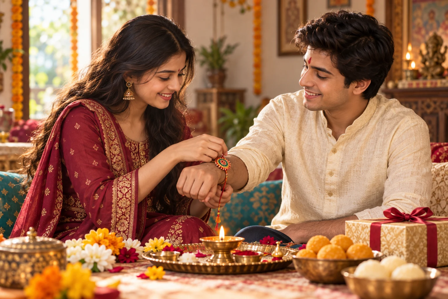A sister tying a colorful rakhi on her brother's wrist during Raksha Bandhan