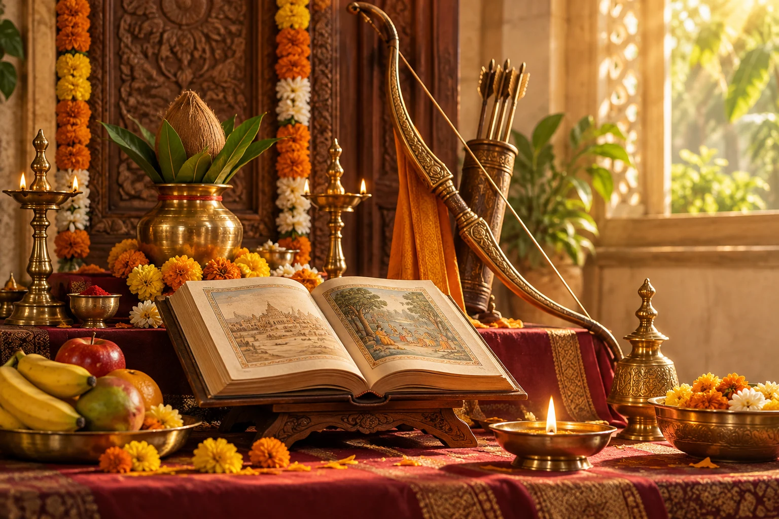 A devotional Ram Navami altar with a bow, flowers, scripture, and lamps