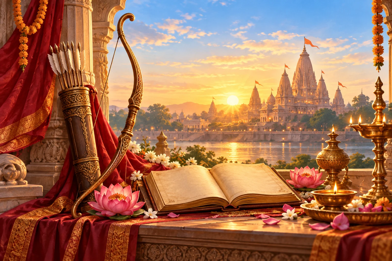 A ceremonial bow, scripture, lotus flowers, and lamps before an Ayodhya sunrise