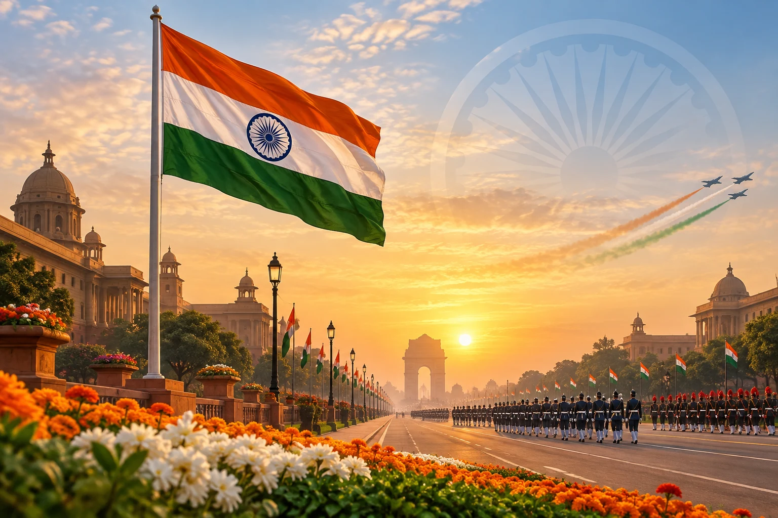 India's national flag above Kartavya Path during a Republic Day sunrise