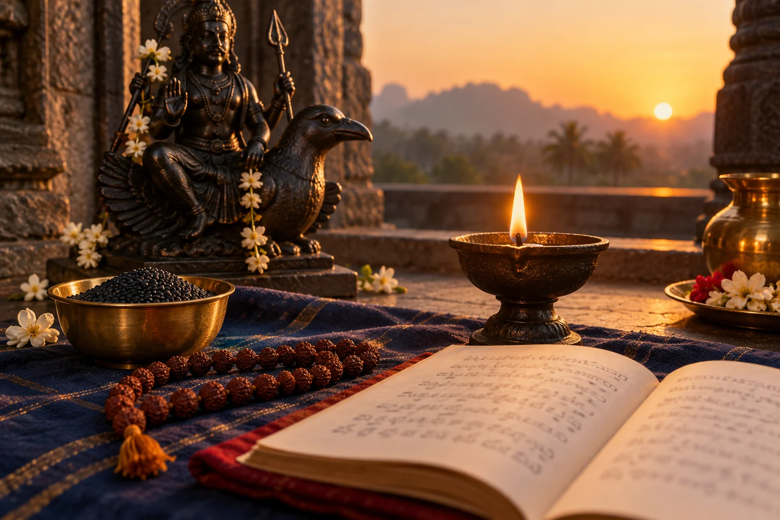 Shani mantra setting with black sesame, prayer beads, blue cloth, and an oil lamp