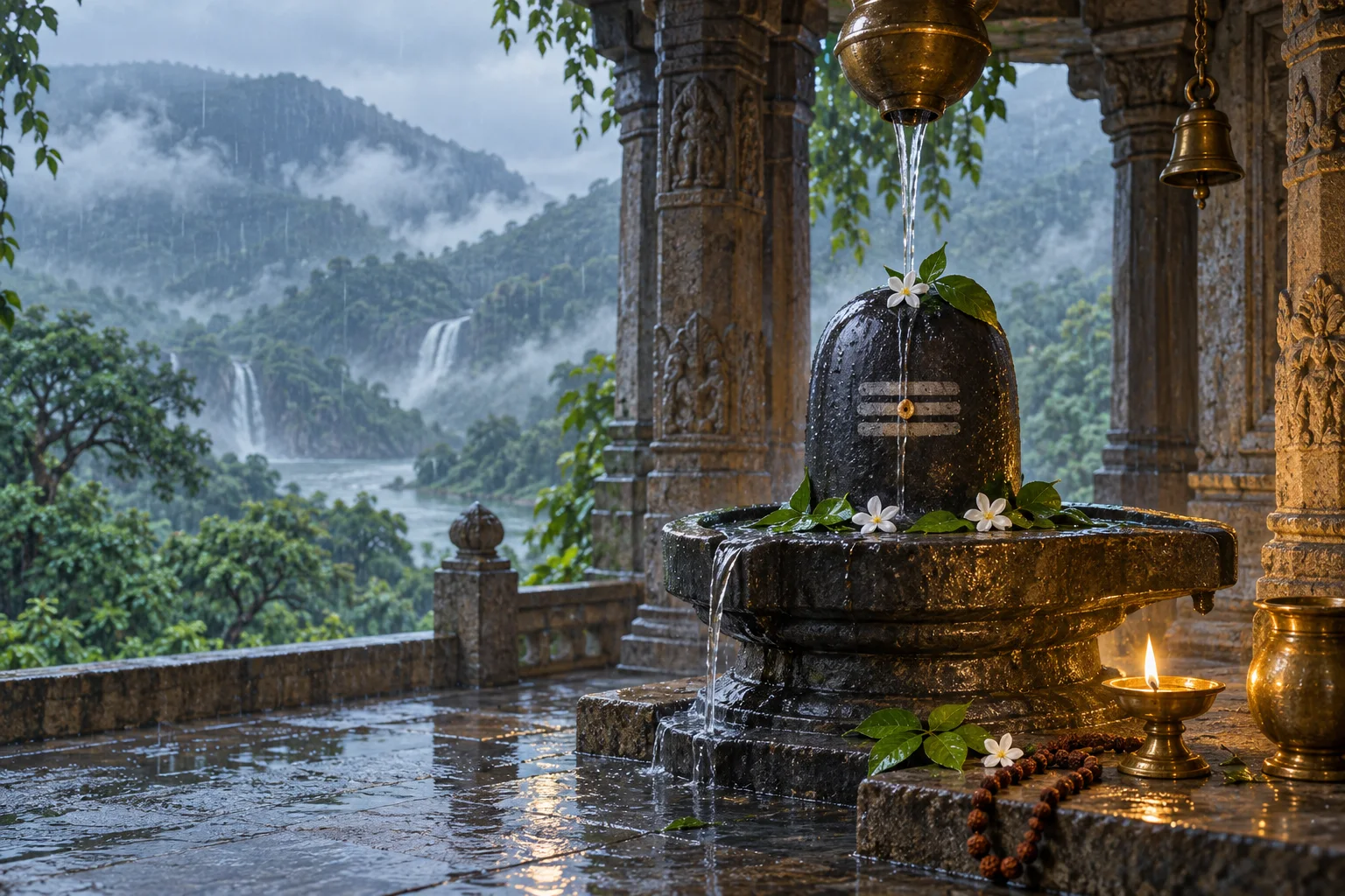 Shiva lingam receiving a water offering in a peaceful temple during the green monsoon season