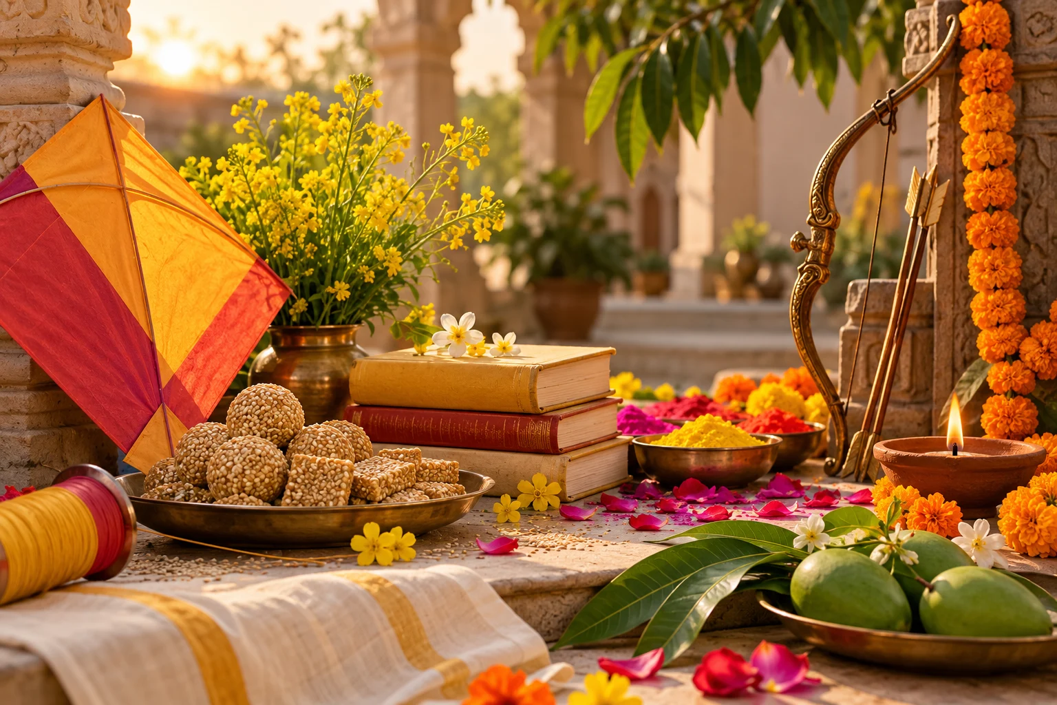 Spring festival arrangement with a kite, flowers, colors, sweets, and a diya