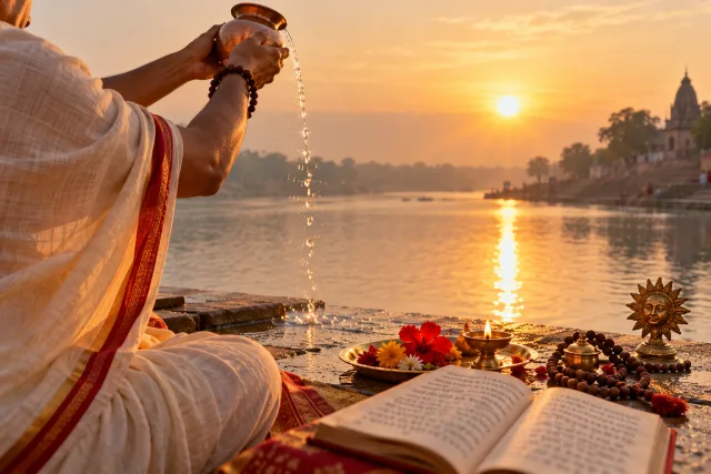 A copper water offering and prayer beads facing the rising sun over a river