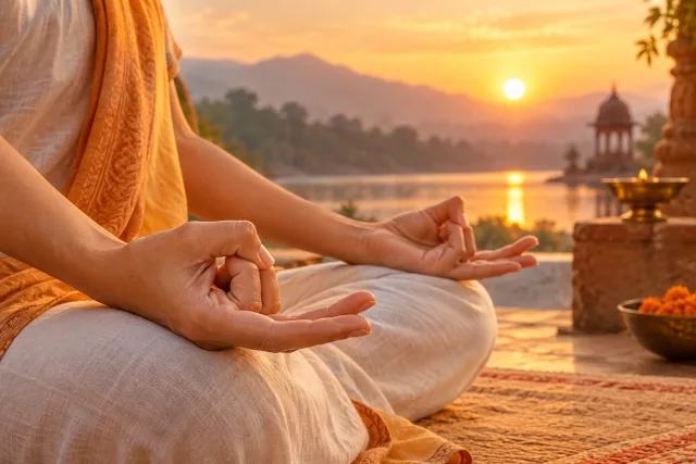 Hands demonstrating Surya Mudra in a peaceful sunrise meditation setting