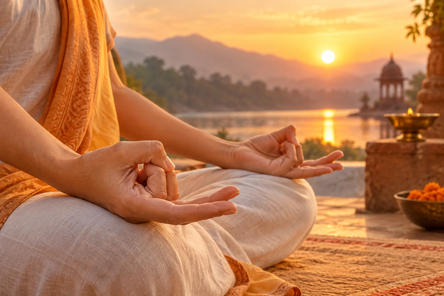 Hands demonstrating Surya Mudra in a peaceful sunrise meditation setting