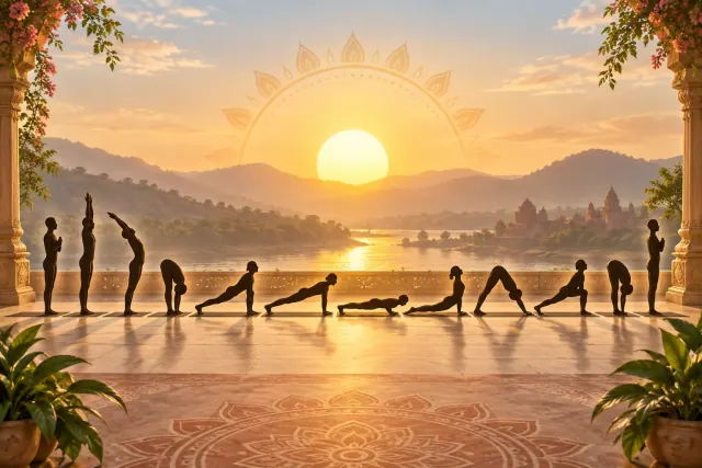 Twelve Surya Namaskar pose silhouettes arranged across a sunrise yoga terrace