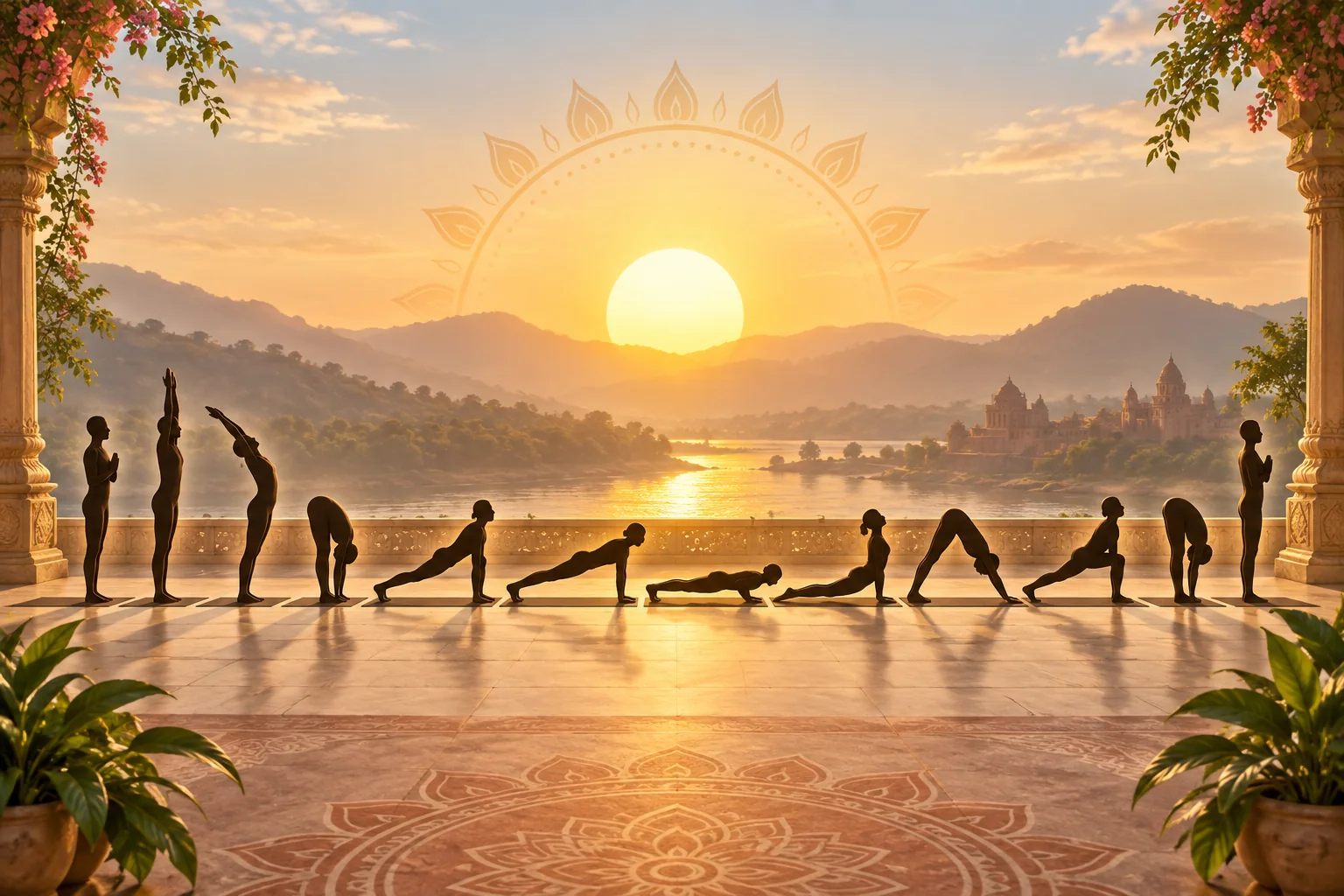 Twelve Surya Namaskar pose silhouettes arranged across a sunrise yoga terrace