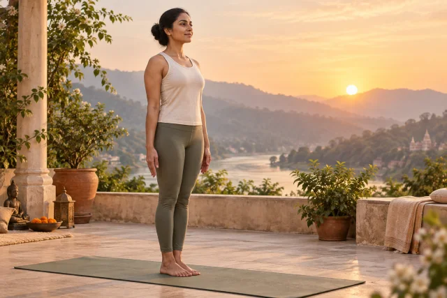 A yoga practitioner demonstrating upright Tadasana alignment at sunrise
