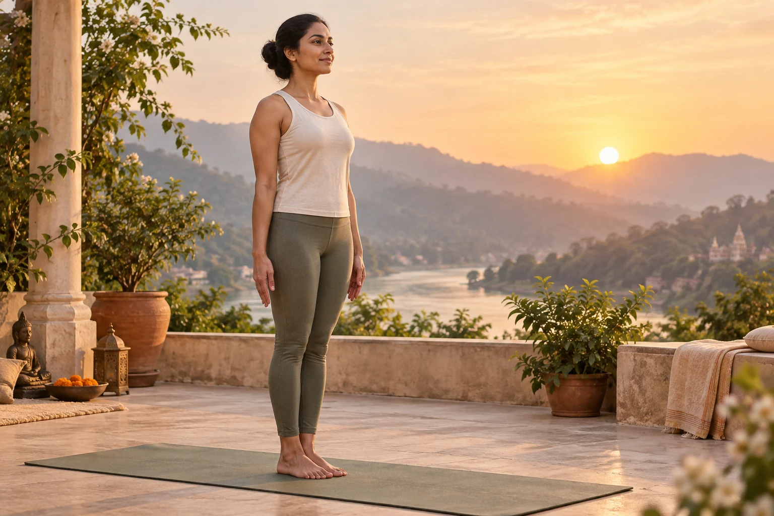 A yoga practitioner demonstrating upright Tadasana alignment at sunrise
