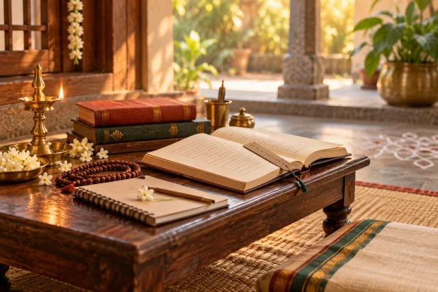 Tamil devotional reading corner with sacred books, prayer beads, and a brass lamp