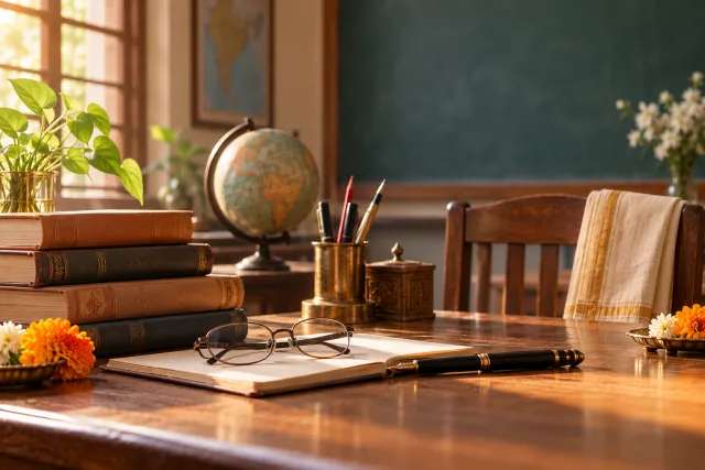 An Indian teacher's desk with books, spectacles, a globe, and marigold