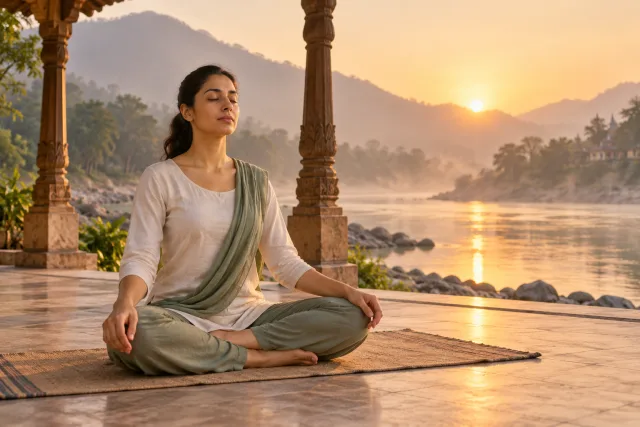 A yoga practitioner seated calmly for Ujjayi pranayama beside a river at dawn