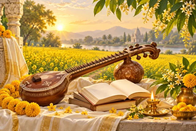 A veena, books, yellow flowers, and mustard fields celebrating Vasant Panchami