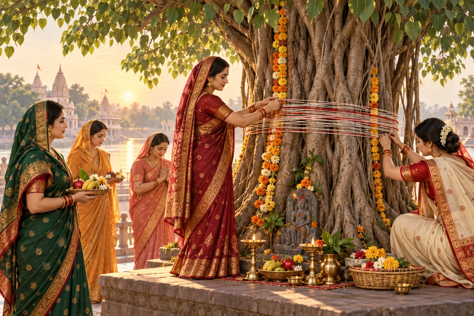 Women tying sacred threads around a banyan tree during Vat Savitri worship