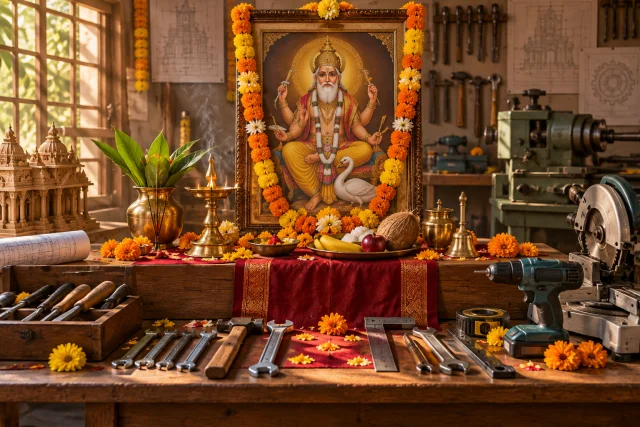 A Vishwakarma Puja altar arranged with clean tools, flowers, and a glowing lamp