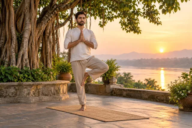 A yoga practitioner demonstrating Vrikshasana tree pose in a garden at sunrise