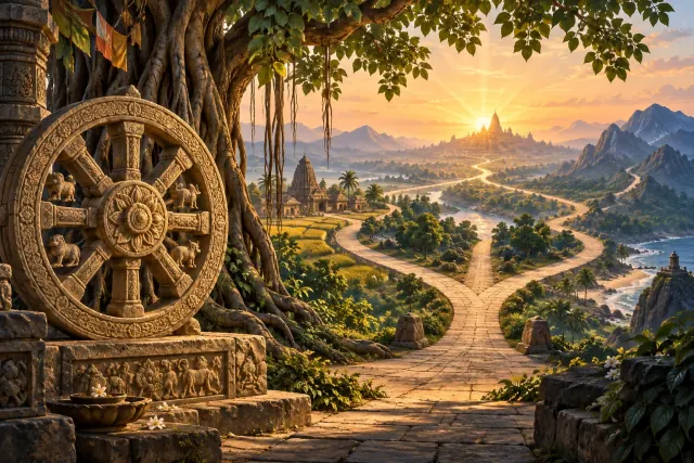 Carved dharma wheel beside a banyan tree and branching paths leading toward sunrise
