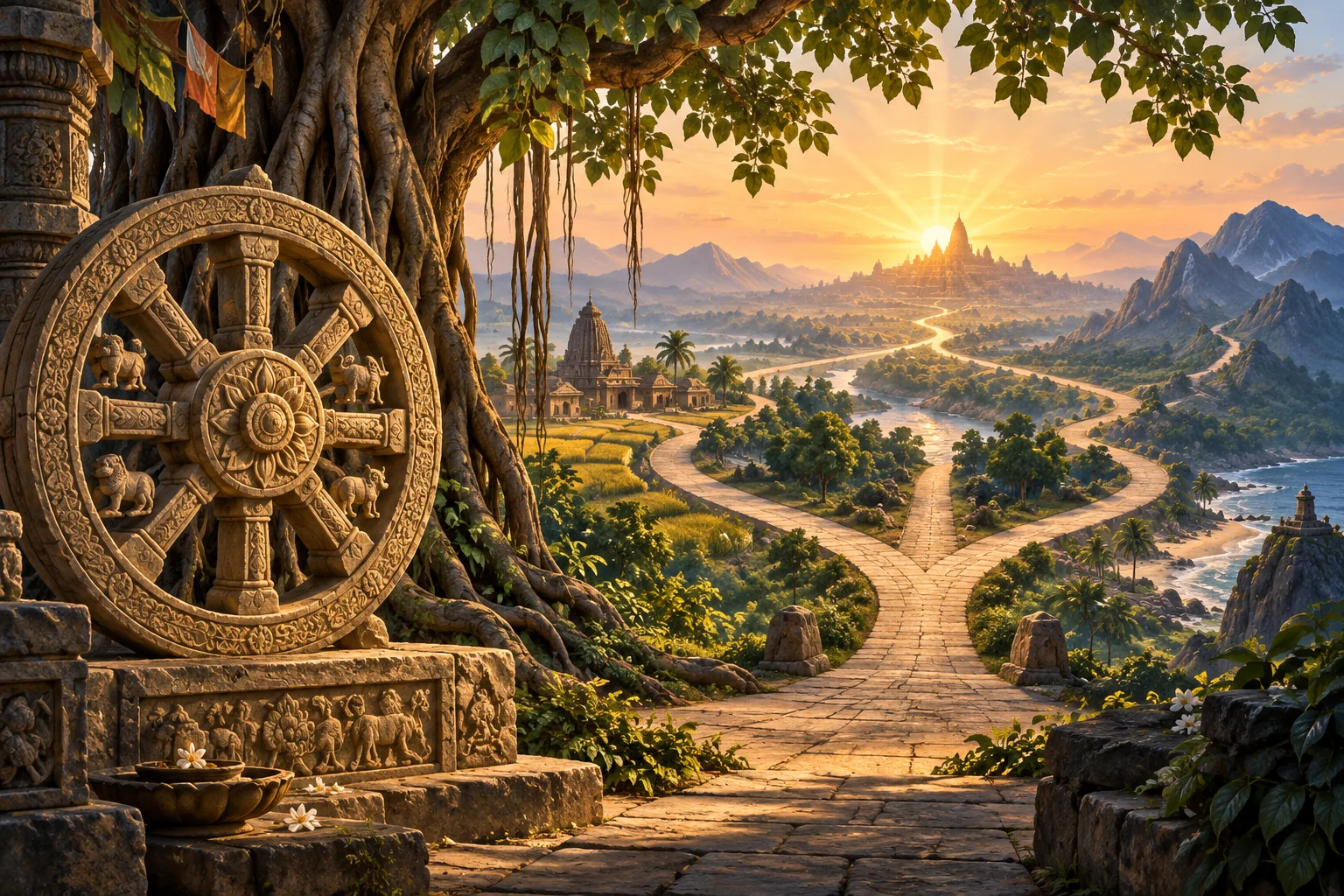 Carved dharma wheel beside a banyan tree and branching paths leading toward sunrise