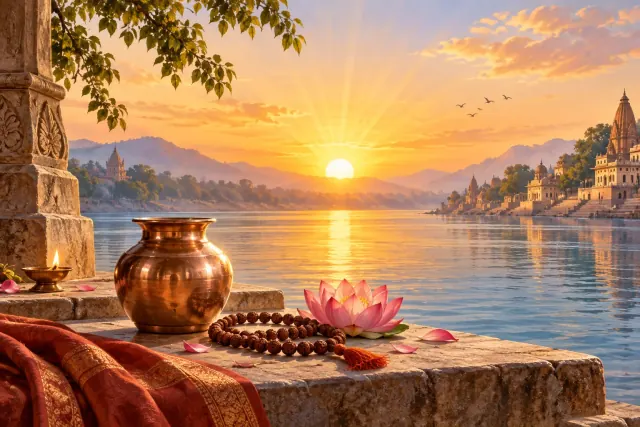 Rising sun over a sacred river with copper vessel, japa mala, lotus and diya