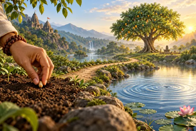 A hand planting a seed beside water ripples and a mature fruit tree symbolizing karma