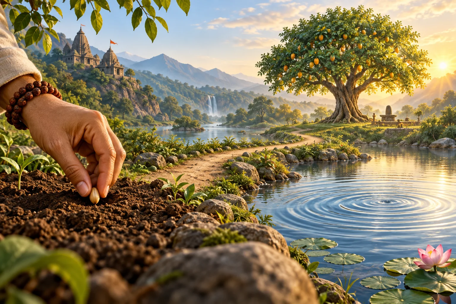 A hand planting a seed beside water ripples and a mature fruit tree symbolizing karma