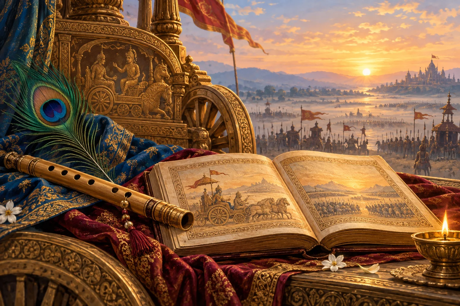 Peacock feather, flute and open Bhagavad Gita beside a carved chariot at sunrise