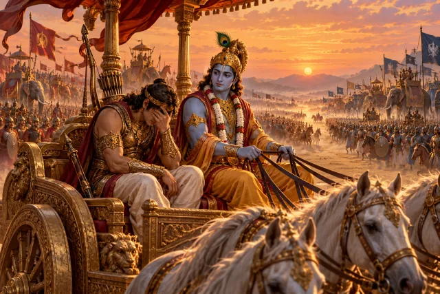 Arjuna in anguish as Krishna holds the chariot reins between the armies of Kurukshetra