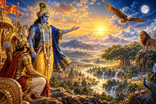 Krishna revealing divine glories throughout mountains, rivers, sun and moon