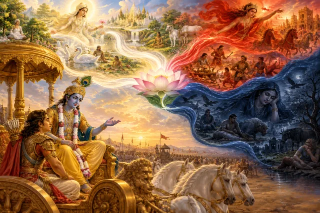 Three luminous currents representing the modes of nature around Krishna and Arjuna