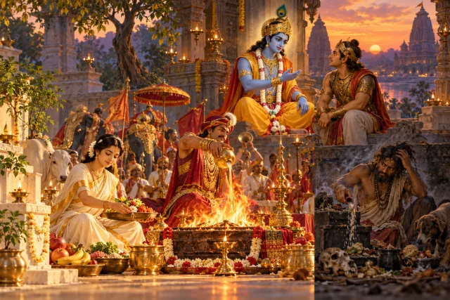 Three forms of faith and offering arranged around a sacred fire