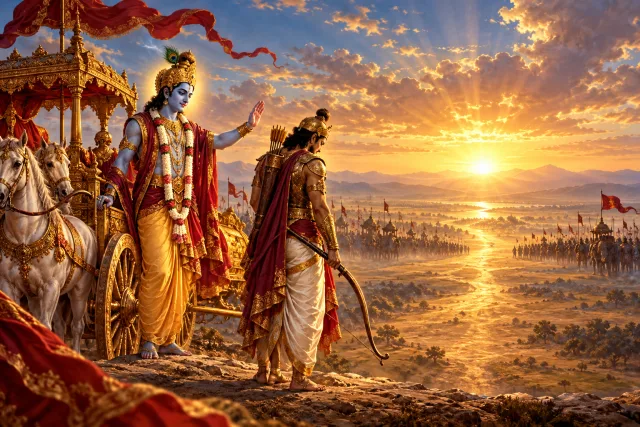 Krishna blessing a resolved Arjuna at sunrise after the final teaching