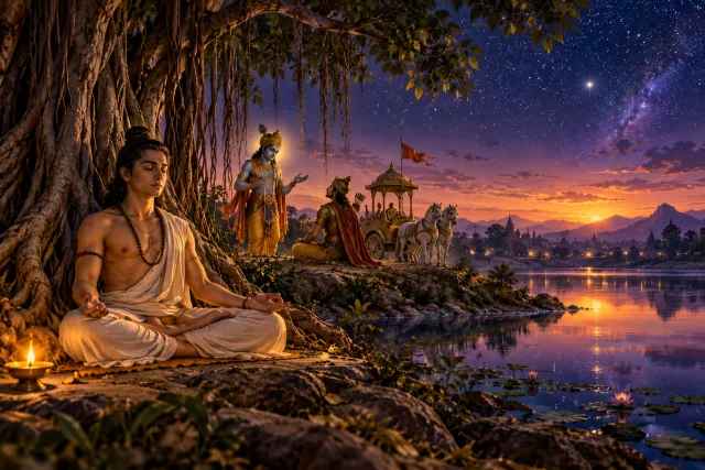 A seeker meditating beneath a banyan tree as Krishna teaches Arjuna