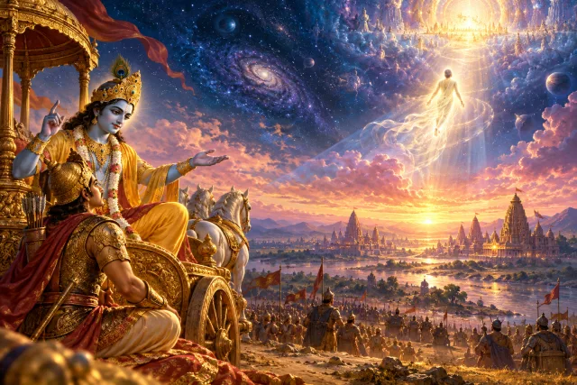 Krishna and Arjuna contemplating the soul's journey toward the eternal
